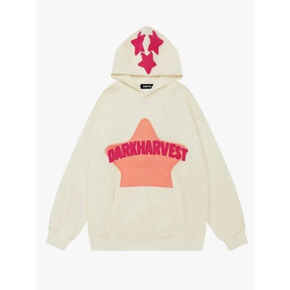 VAMTAC Dark Harvest Star Embroidered Oversized Hoodie Pullover Cream Pink Medium